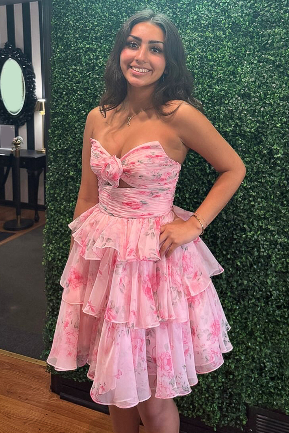 Pink Floral Tiered Chiffon Strapless Short Homecoming Dress Rufled Keyhole A-Line Sleeveless Printed Ruched Cocktail Dress