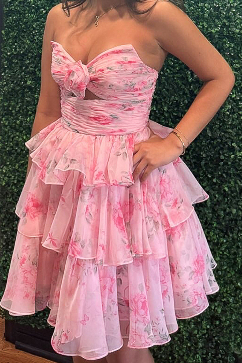 Pink Strapless Tiered Ruched Short Homecoming Dress