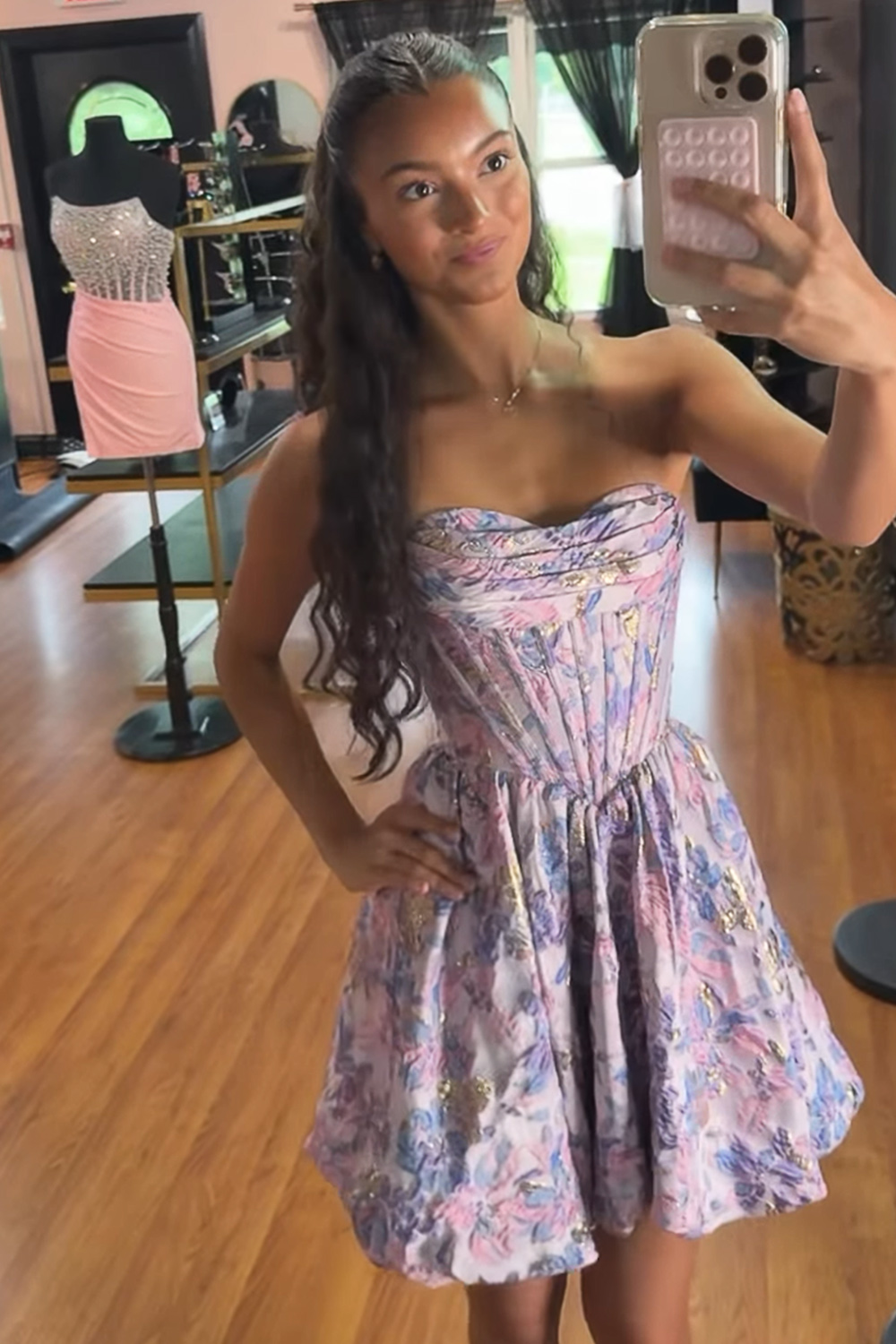Purple Flower Corset A-Line Short Homecoming Dress Ruched Sweetheart Sleeveless Floral Cocktail Dress