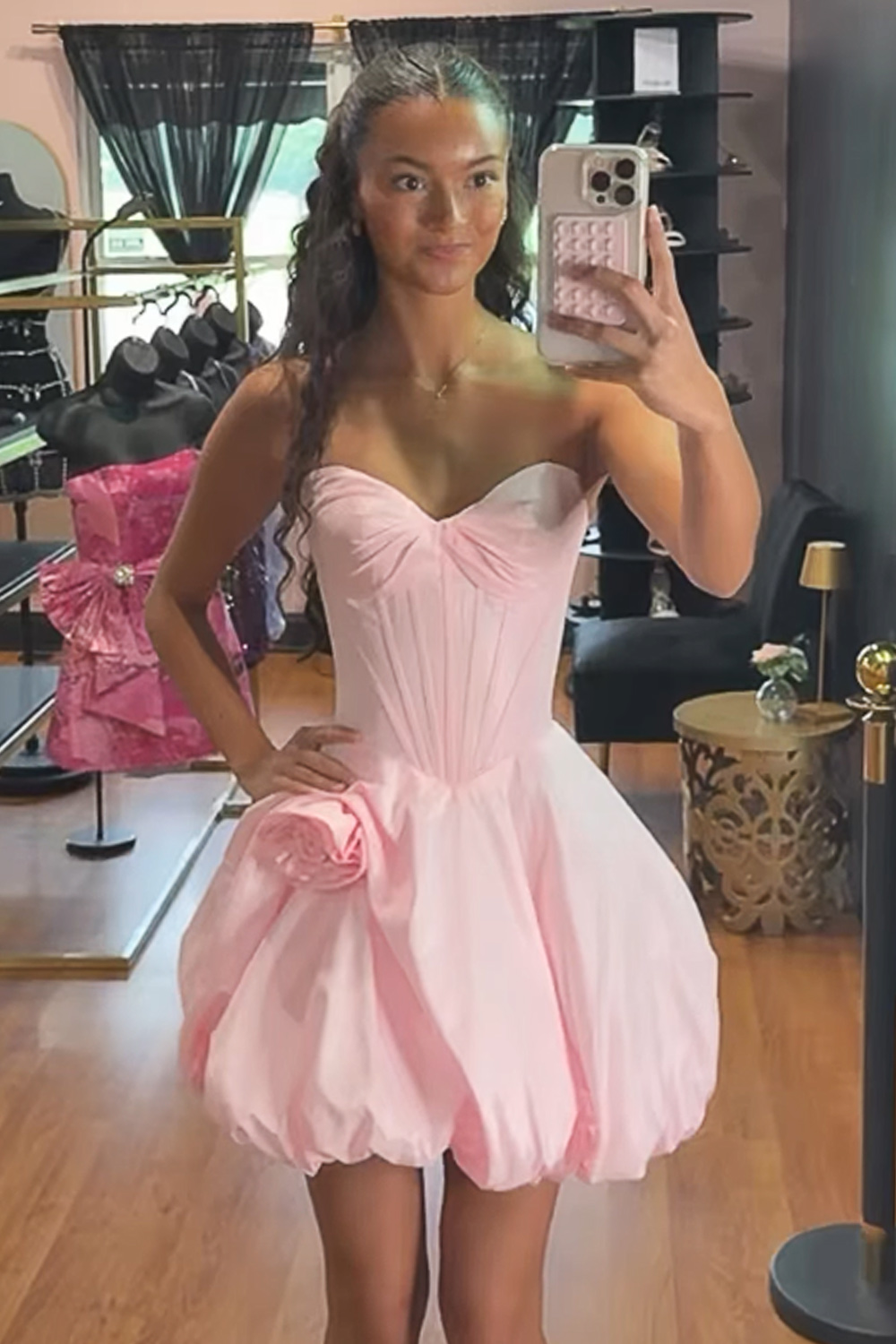 Pink Corset Short Bubble Homecoming Dress Sweetheart Ruched Cocktail Dress with Flower
