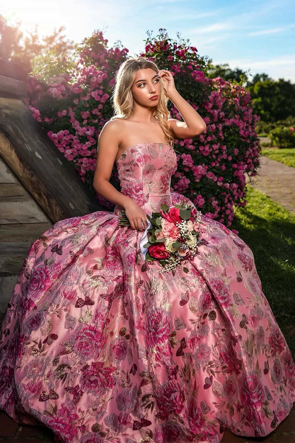Blush Floral Ball Gown Jacquard Strapless Long Quinceanera Dress