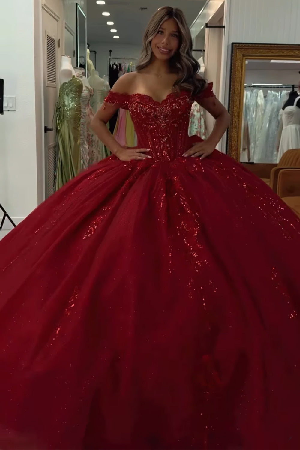 Red Ball Gown Corset Off the Shoulder Long Quinceanera Dress with Beading