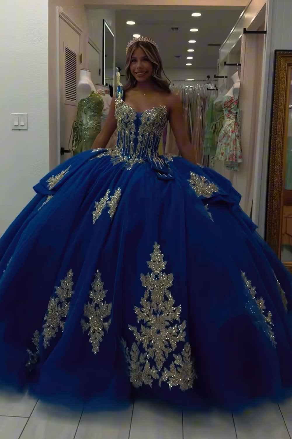 Royal Blue Appliqued Ball Gown One Shoulder Long Quinceanera Dress