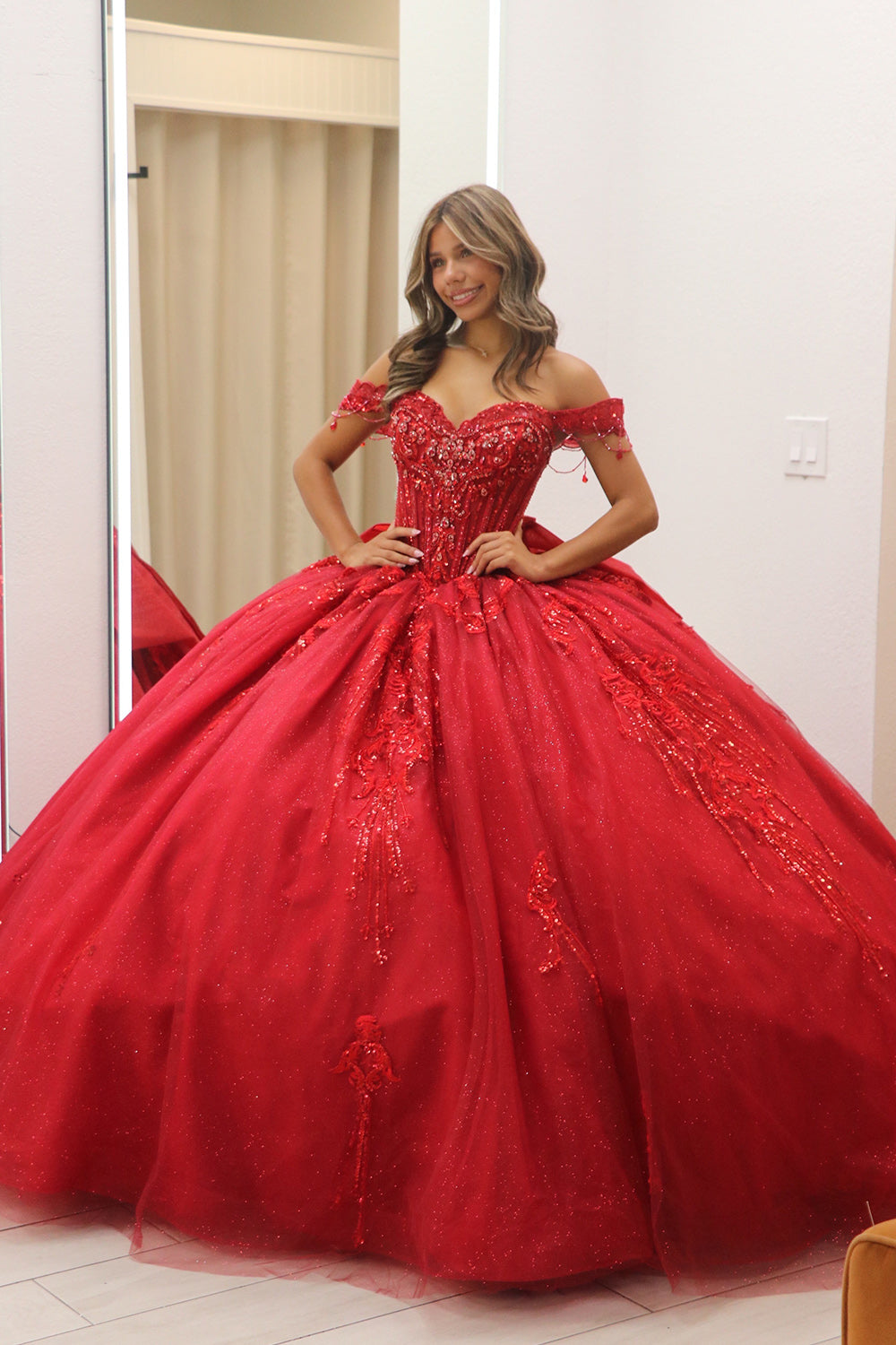 Red Off the Shoulder Ball Gown Beaded Long Quinceanera Dress with Appliques
