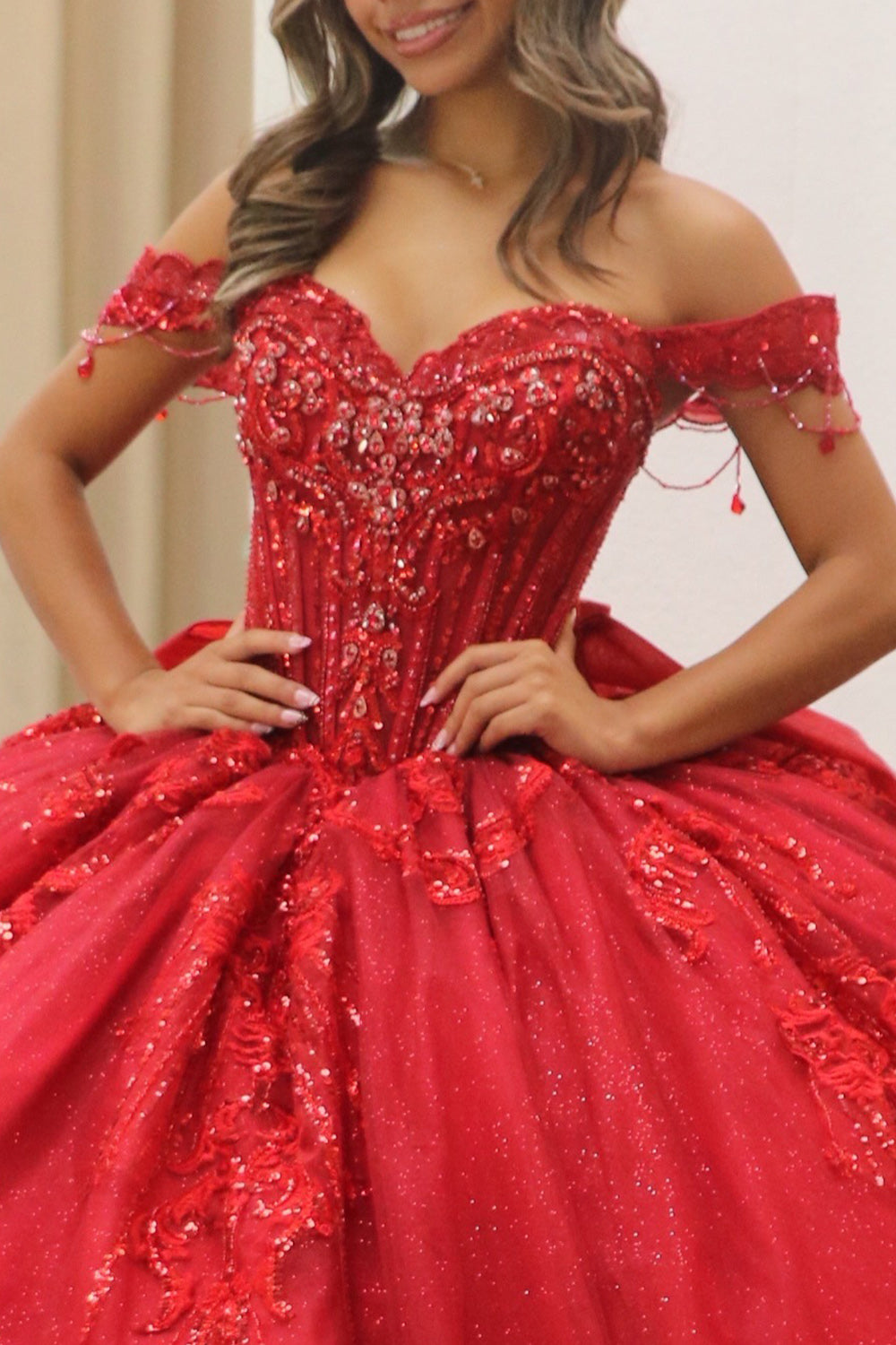 Red Off the Shoulder Ball Gown Beaded Long Quinceanera Dress with Appliques