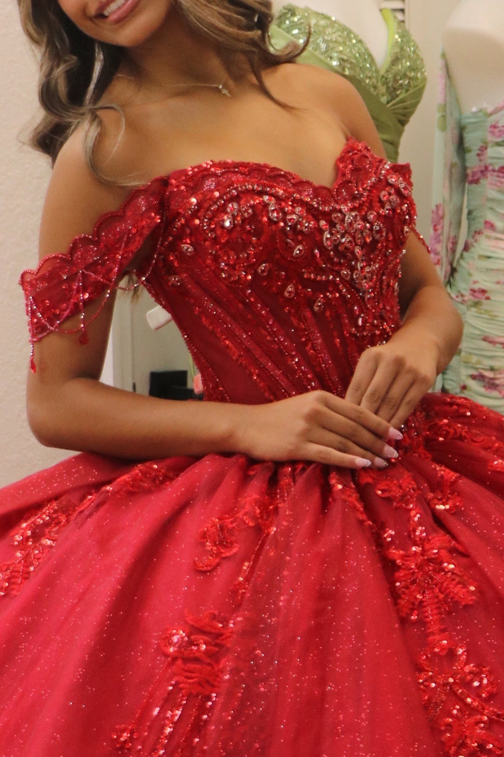 Red Off the Shoulder Ball Gown Beaded Long Quinceanera Dress with Appliques