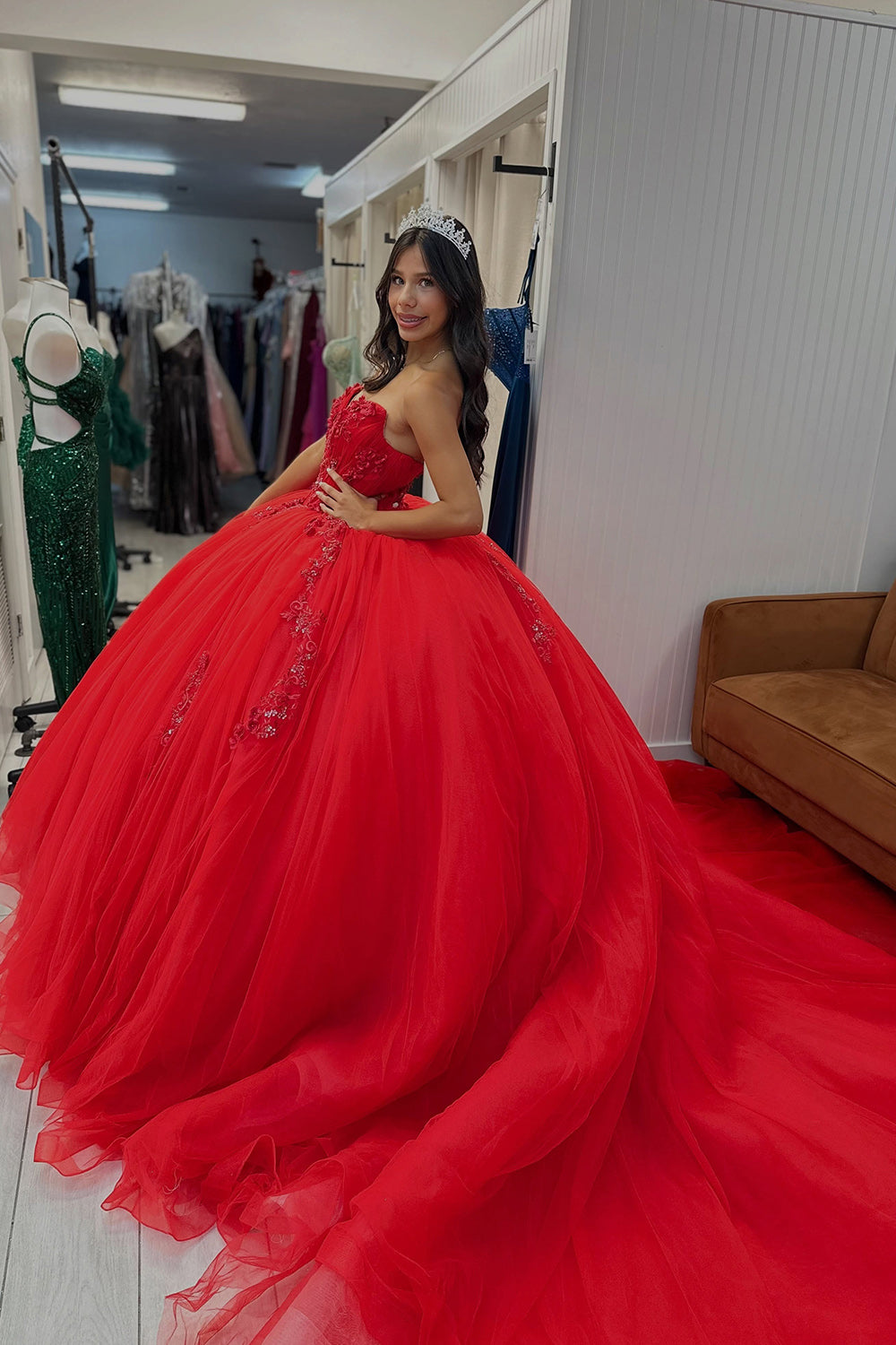Red Sweetheart Ball Gown Appliqued Long Quinceanera Dress