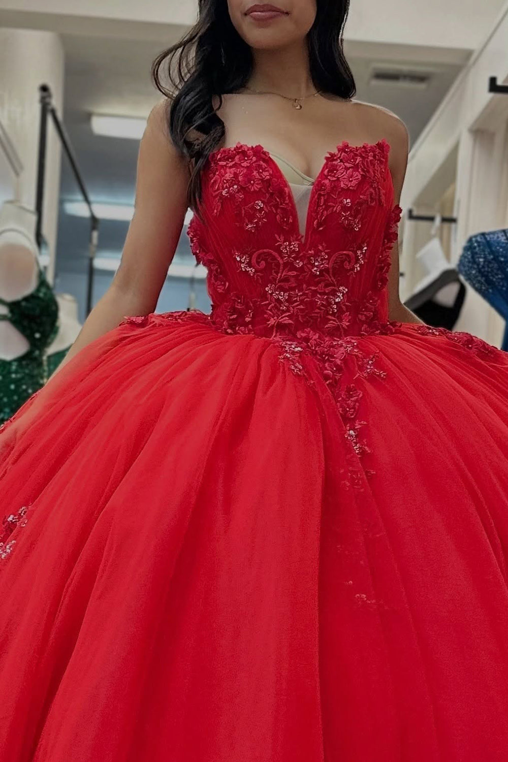 Red Sweetheart Ball Gown Appliqued Long Quinceanera Dress
