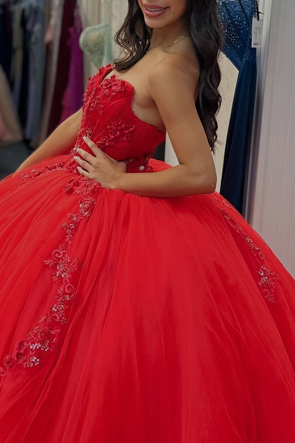 Red Sweetheart Ball Gown Appliqued Long Quinceanera Dress