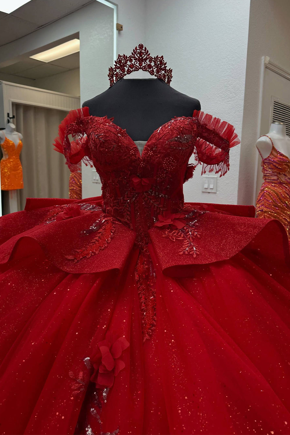 Red Ball Gown Off the Shoulder Long Ruffled Quinceanera Dress with 3D Flower