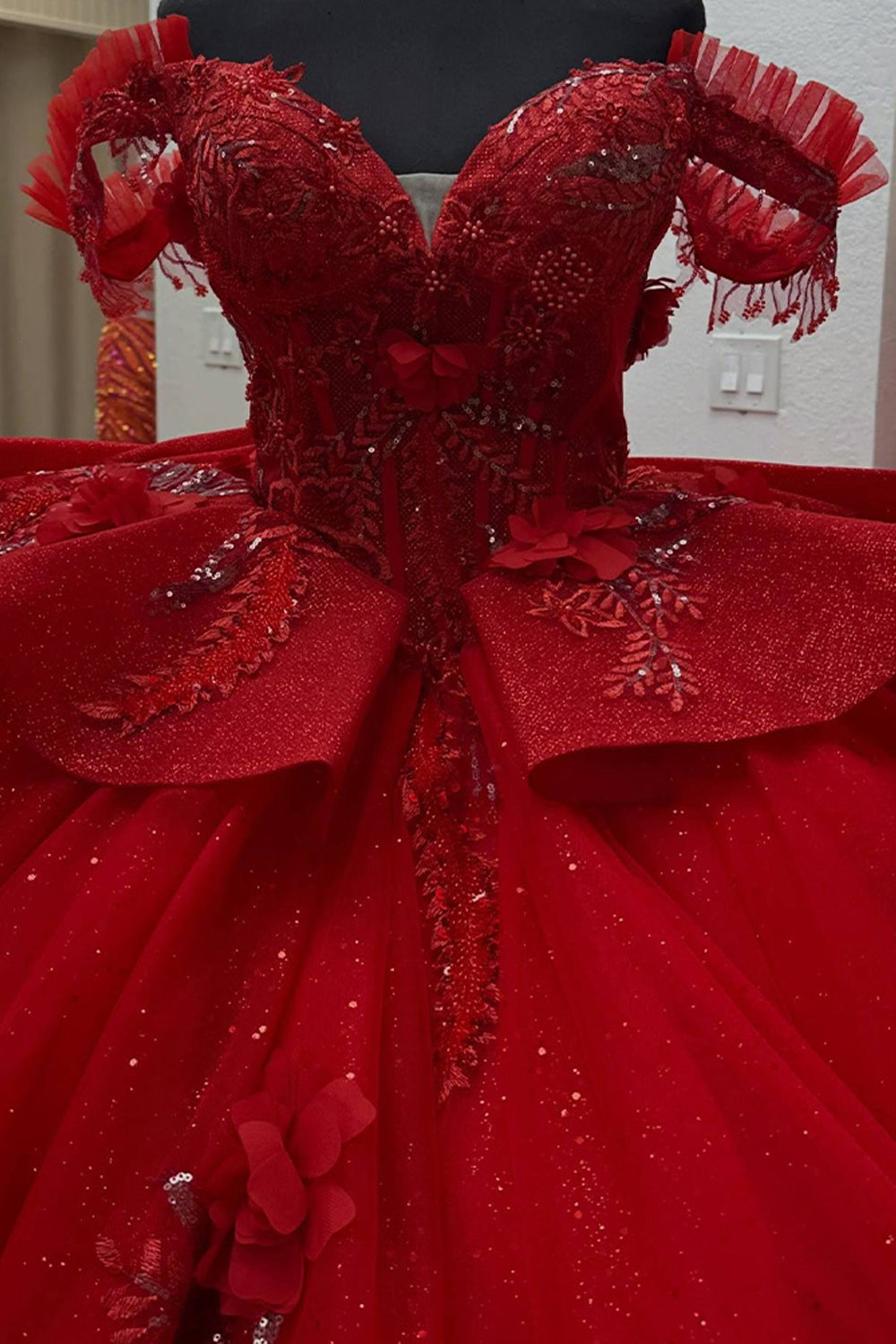 Red Ball Gown Off the Shoulder Long Ruffled Quinceanera Dress with 3D Flower