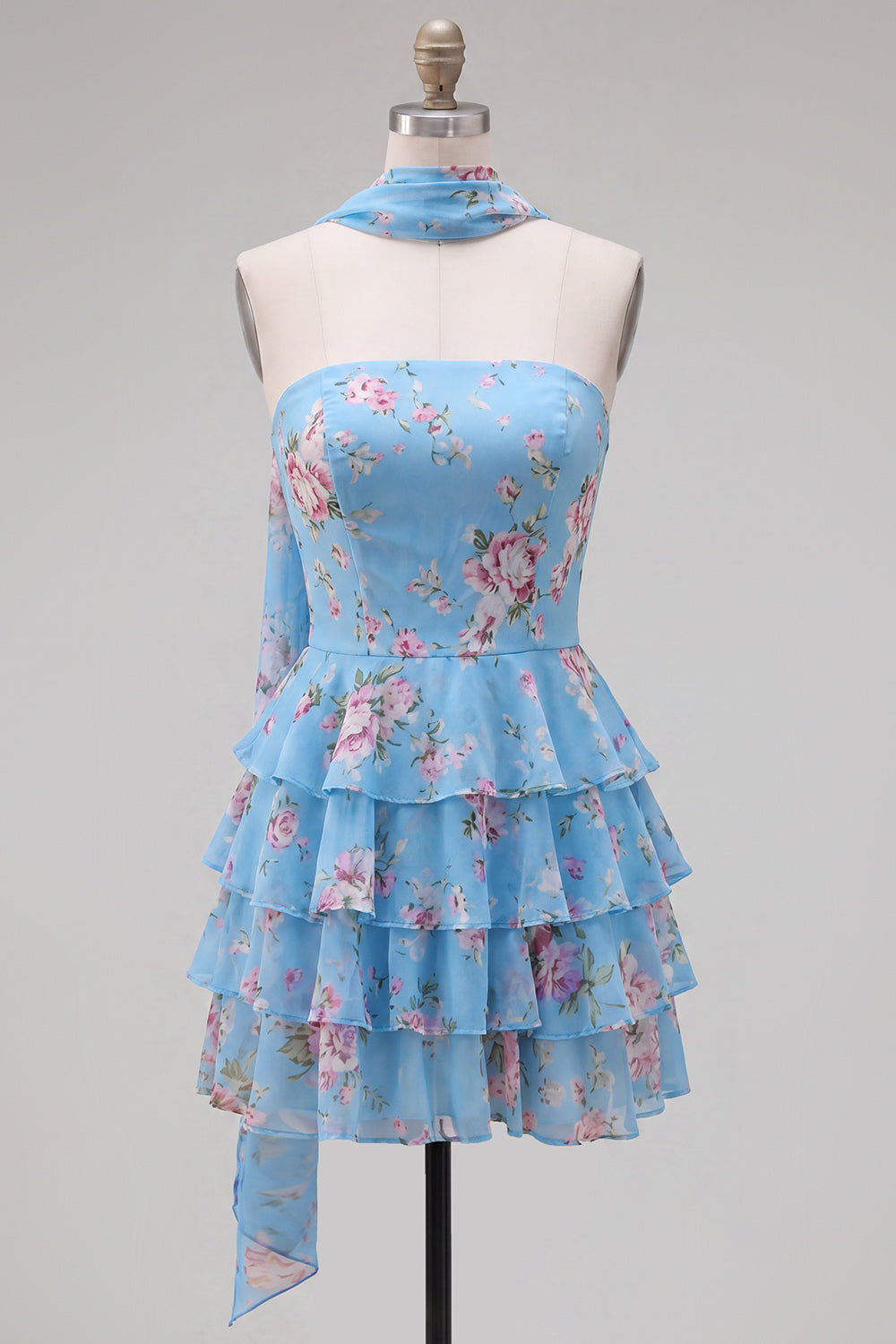 Pink Floral Ruffled A-Line Short Homecoming Dress with Neck Scarf