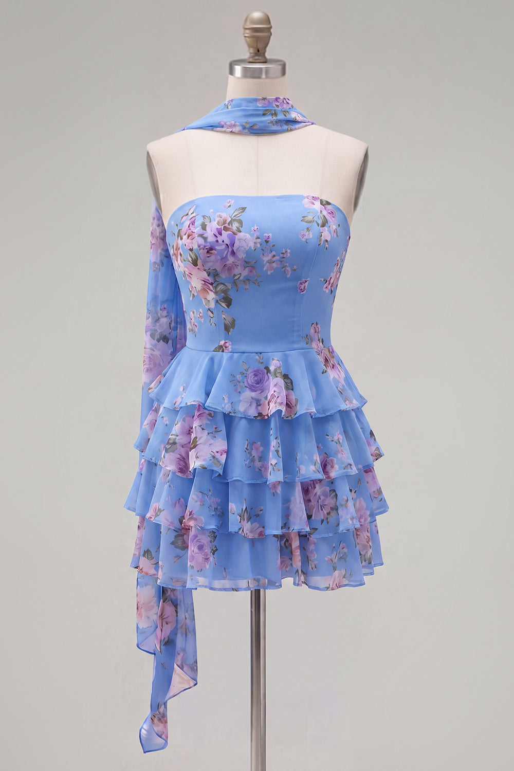 Pink Floral Ruffled A-Line Short Homecoming Dress with Neck Scarf