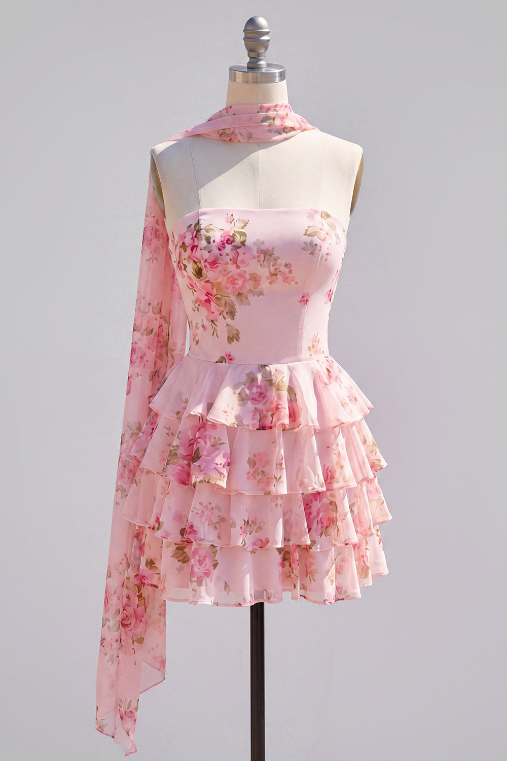 Pink Floral Ruffled A-Line Short Homecoming Dress with Neck Scarf