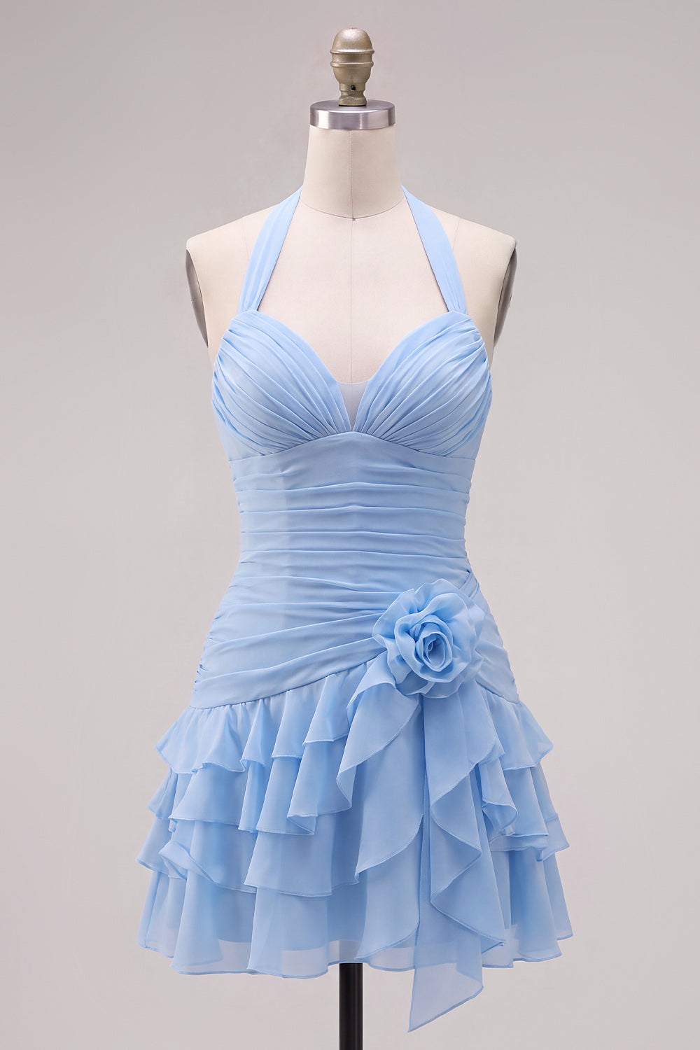 Pink Halter Ruched Ruffled Short Birthday Dress with 3D Flower