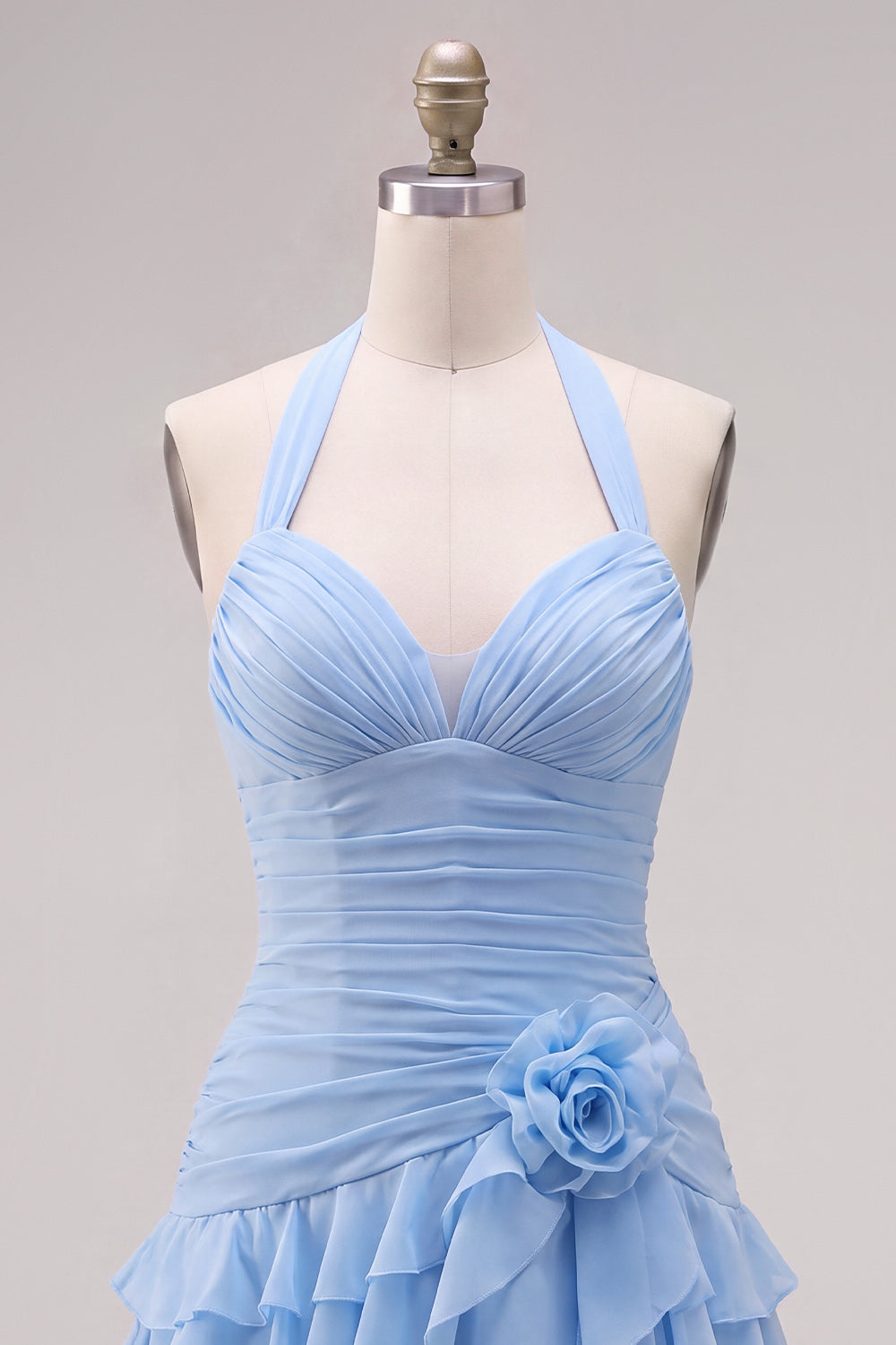 Pink Halter Ruched Ruffled Short Birthday Dress with 3D Flower
