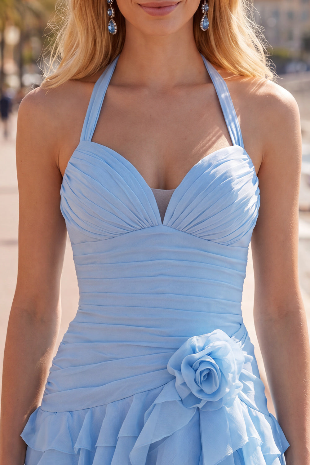 Pink Halter Ruched Ruffled Short Birthday Dress with 3D Flower