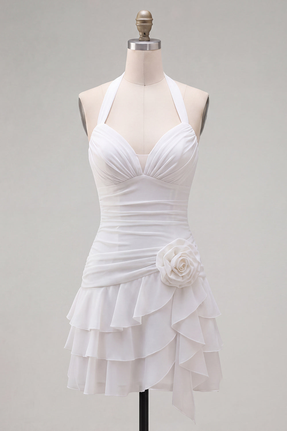 Pink Halter Ruched Ruffled Short Birthday Dress with 3D Flower