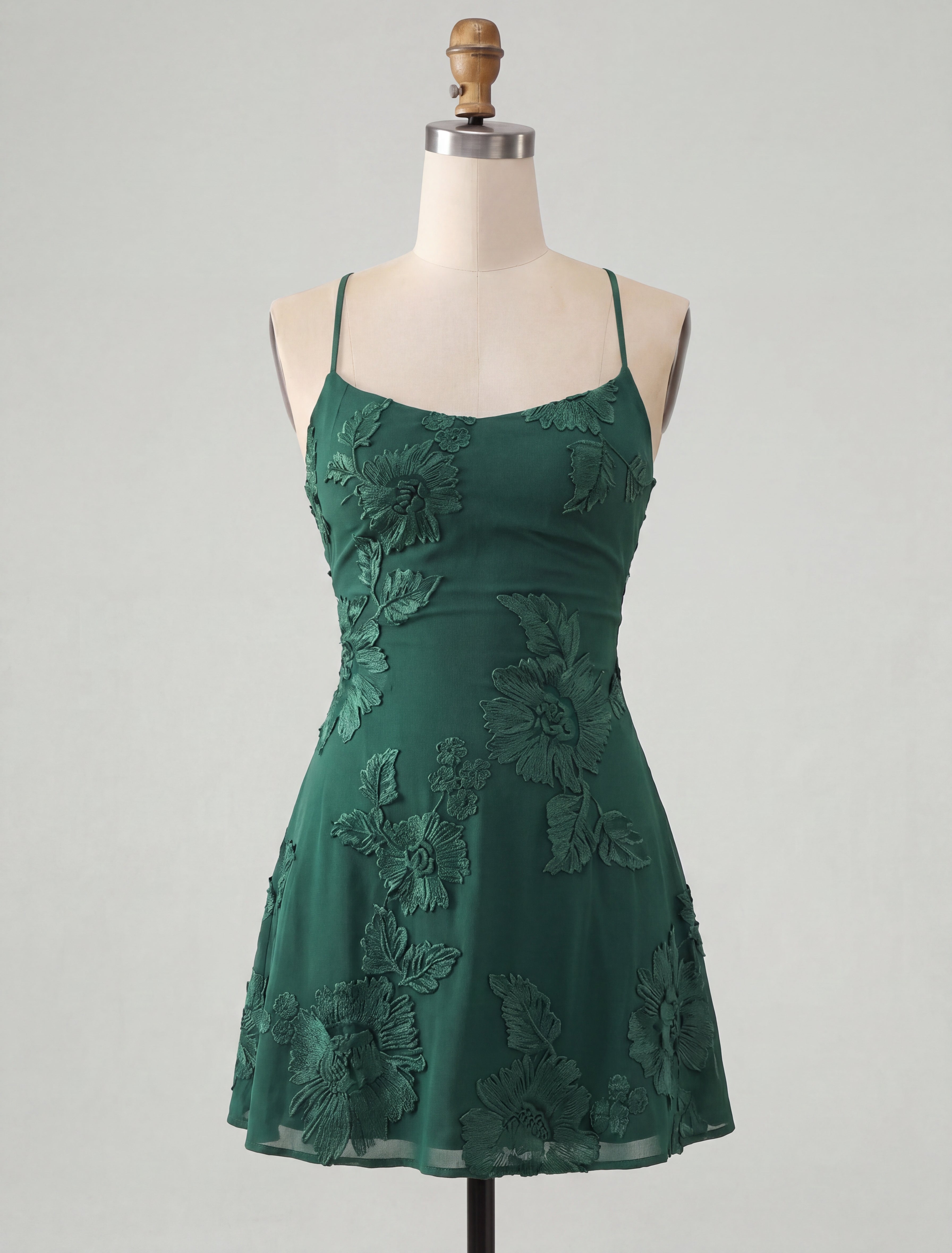 Dark Green A-Line Spaghetti Straps Floral Short Birthday Dress