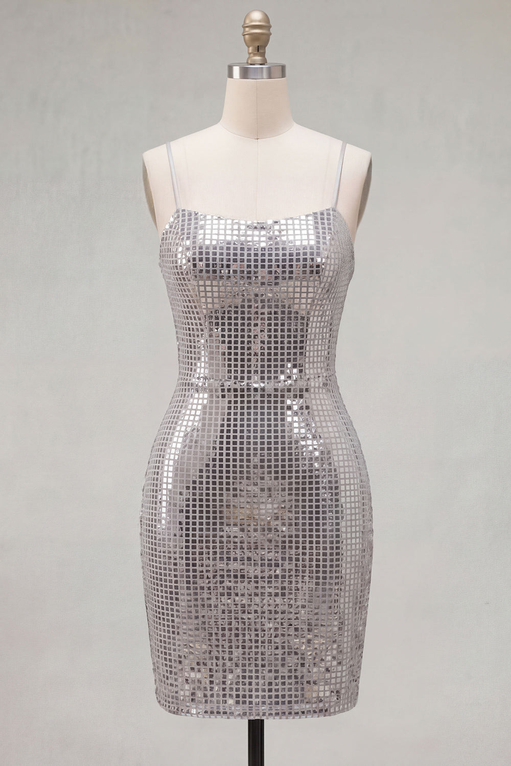 Sparkly Silver Tight Spaghetti Straps Sequins Short Birthday Dress
