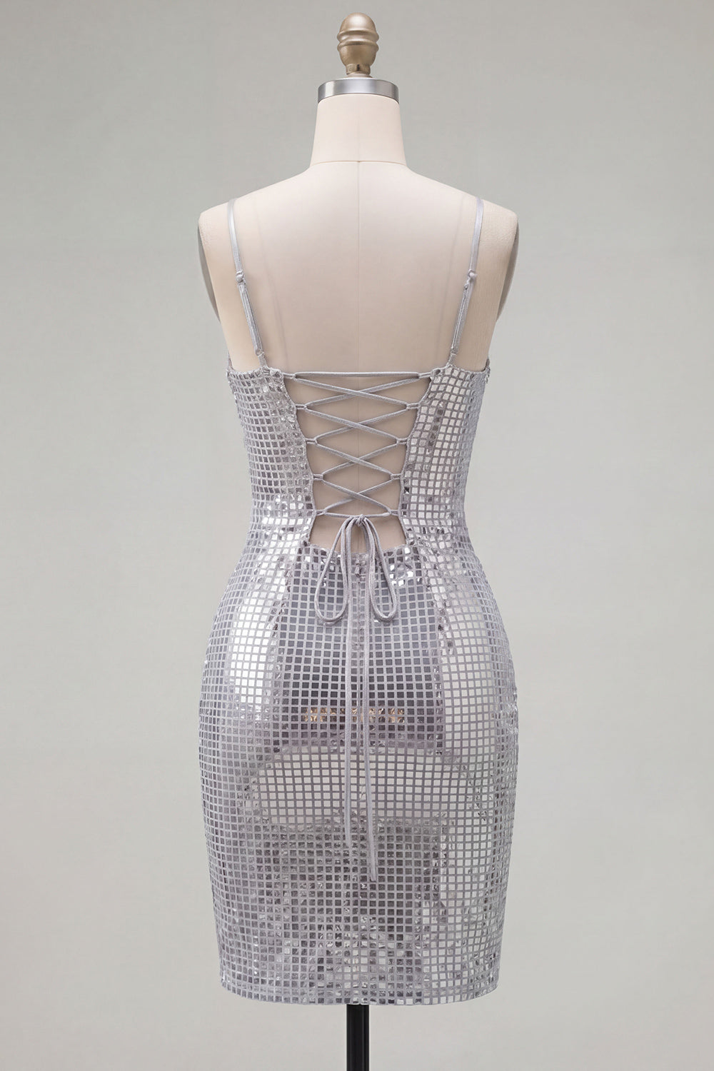 Sparkly Silver Tight Spaghetti Straps Sequins Short Birthday Dress