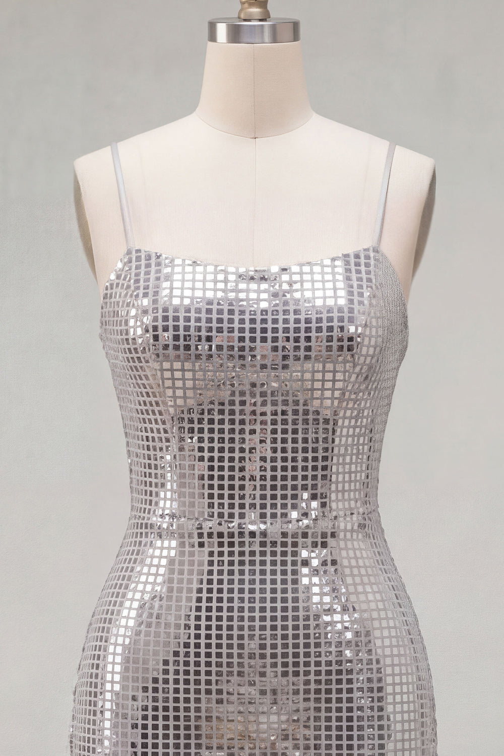 Sparkly Silver Tight Spaghetti Straps Sequins Short Birthday Dress