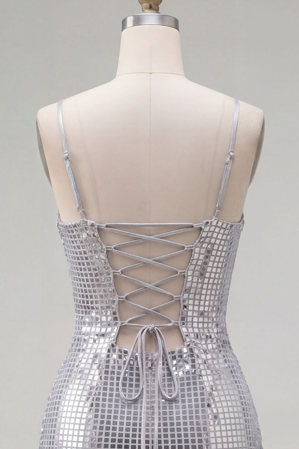 Sparkly Silver Tight Spaghetti Straps Sequins Short Birthday Dress