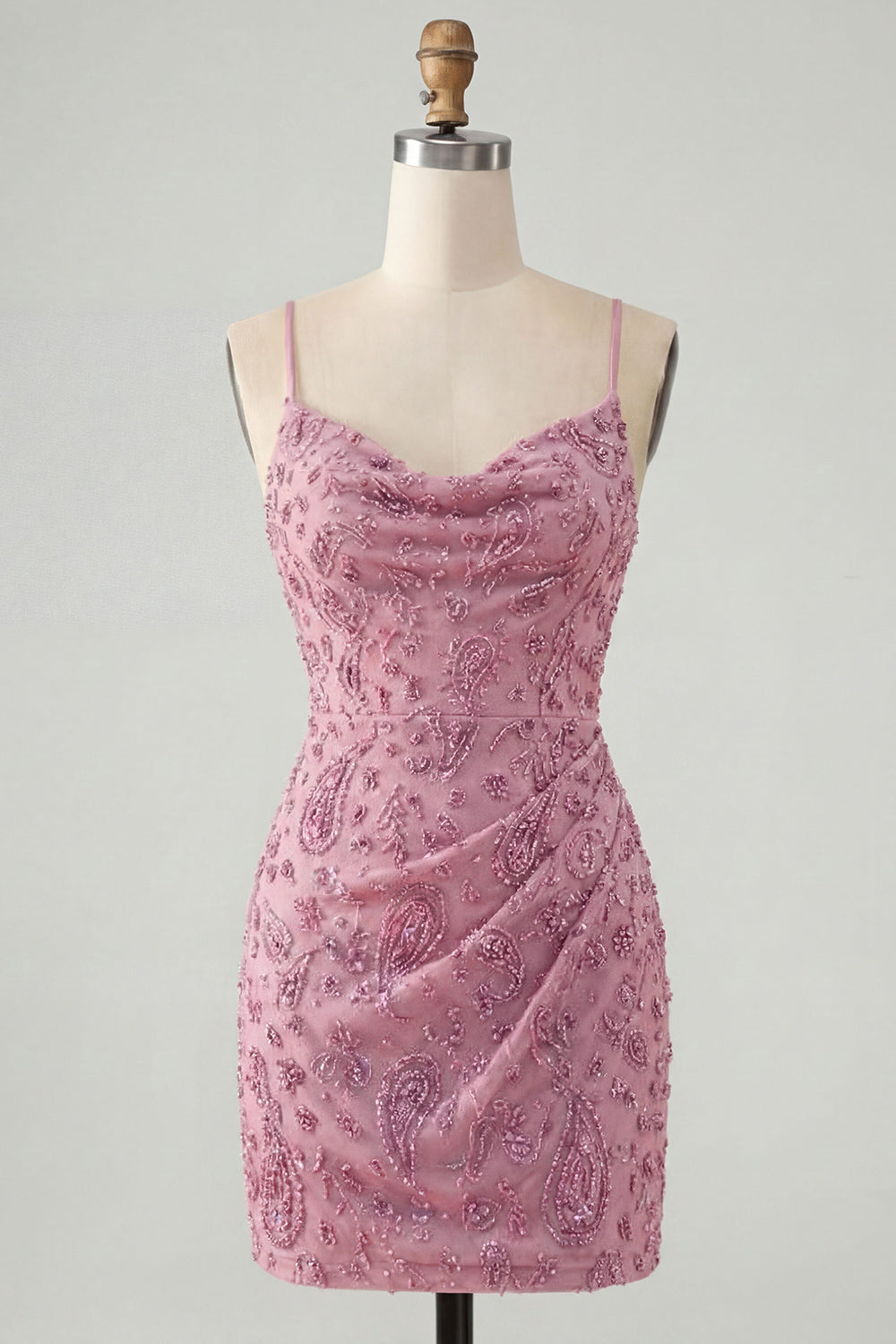 Dusty Rose Tight Cowl Neck Ruched Short Birthday Dress with Beading