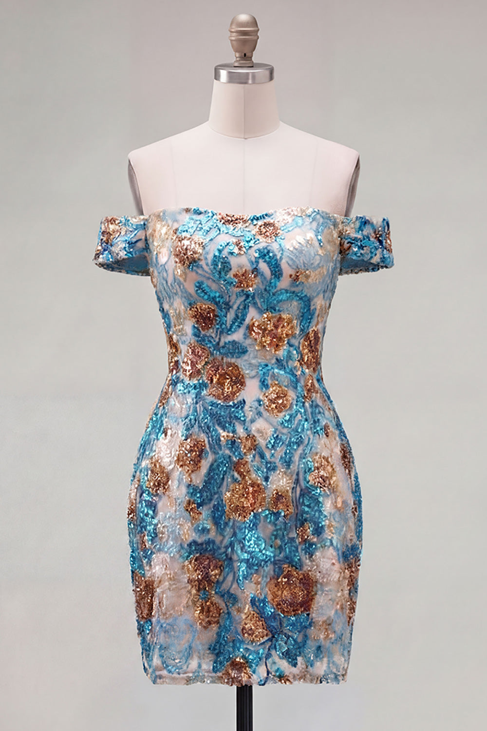 Blue Floral Sequin Tight Off the Shoulder Short Birthday Dress