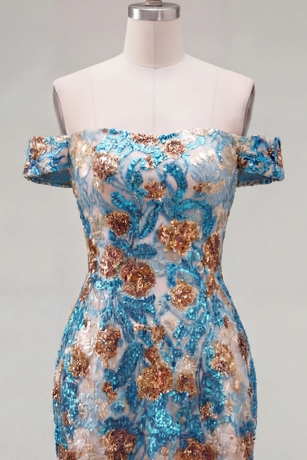 Blue Floral Sequin Tight Off the Shoulder Short Birthday Dress