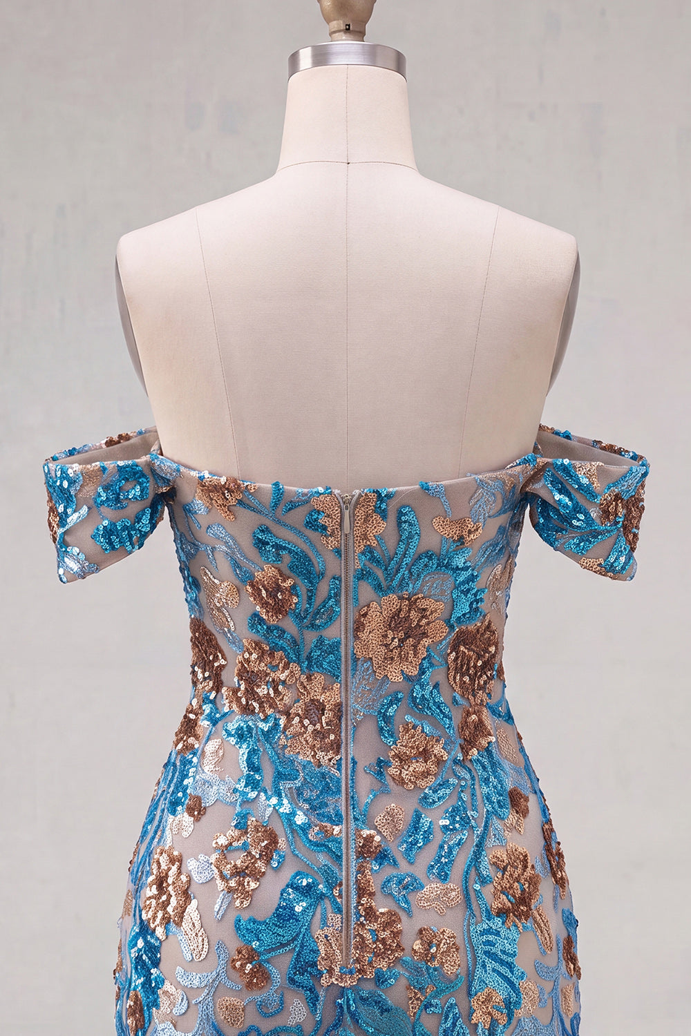 Blue Floral Sequin Tight Off the Shoulder Short Birthday Dress
