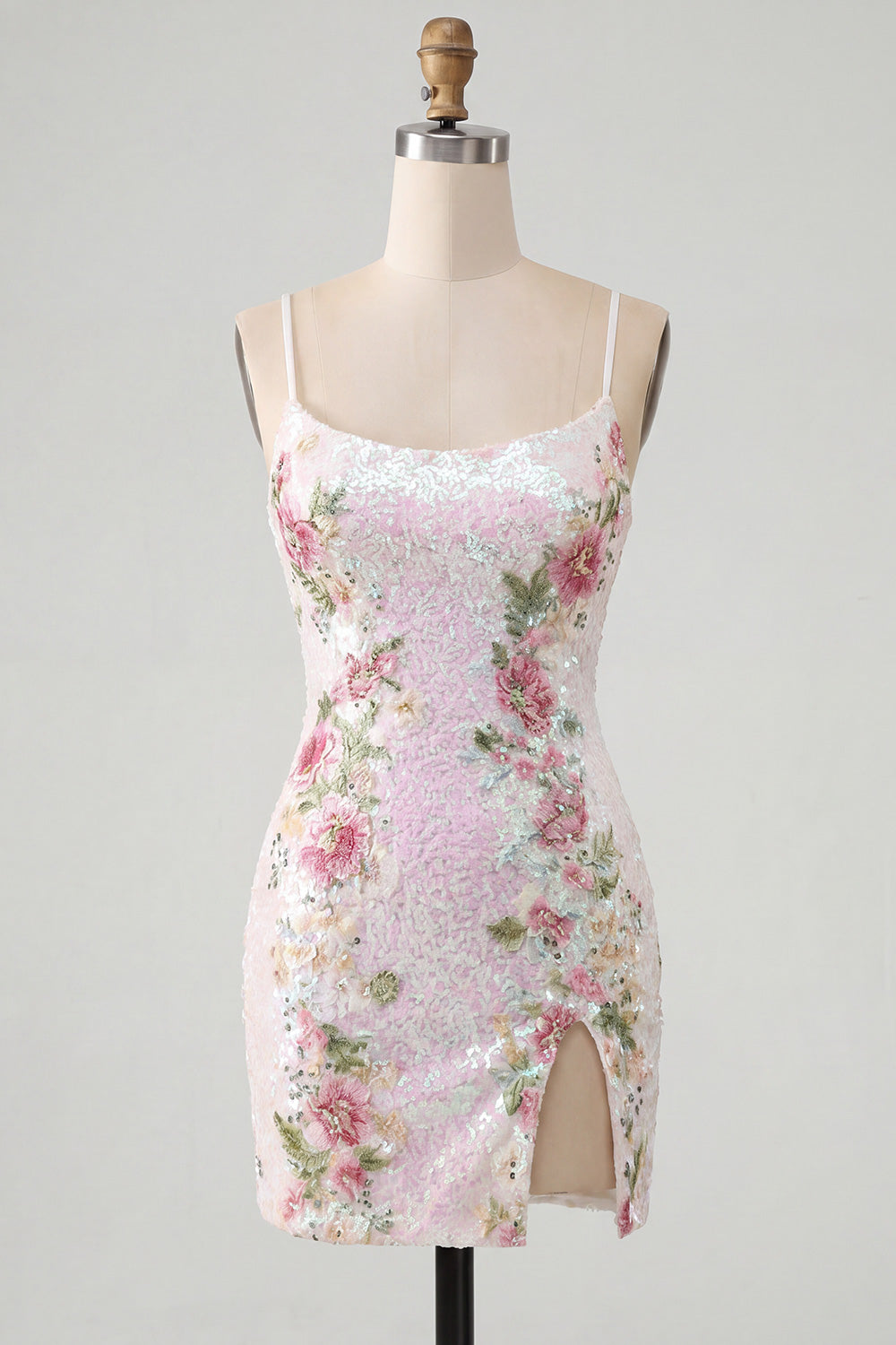 Sparkly White Floral Tight Spaghetti Straps Short Birthday Dress with Slit