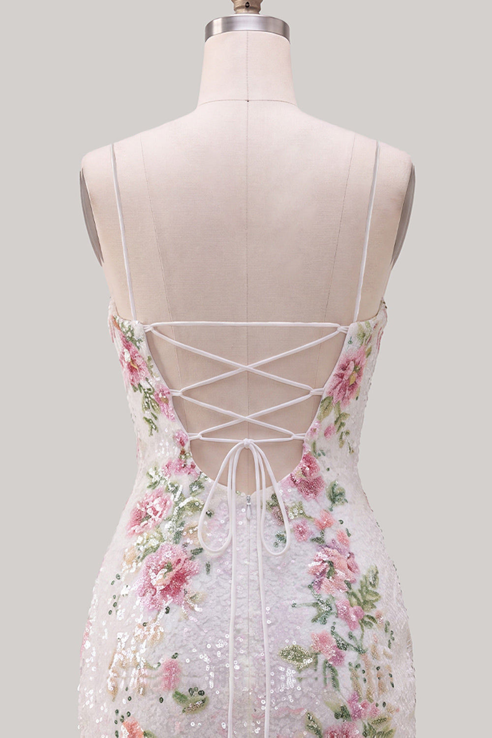 Sparkly White Floral Tight Spaghetti Straps Short Birthday Dress with Slit