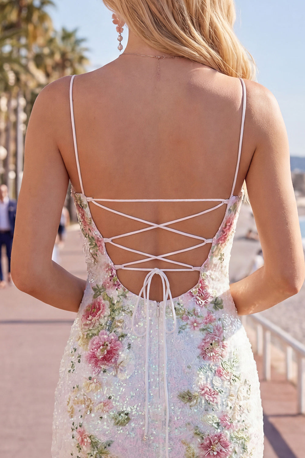 Sparkly White Floral Tight Spaghetti Straps Short Birthday Dress with Slit