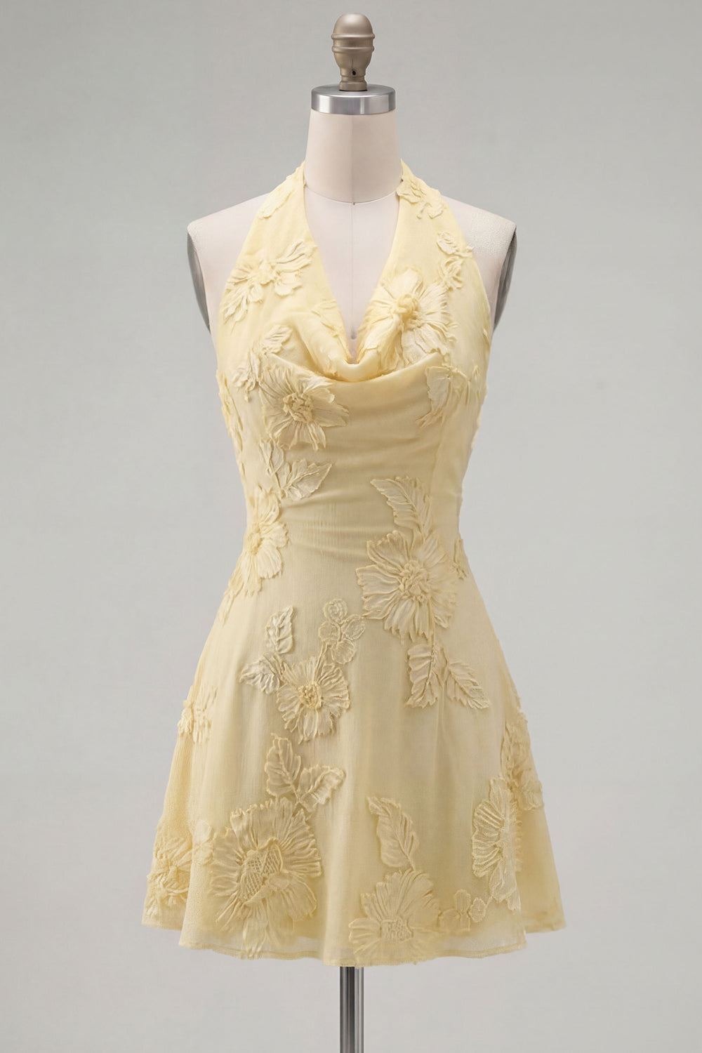 Yellow A-Line Halter Floral Short Birthday Dress with Bow
