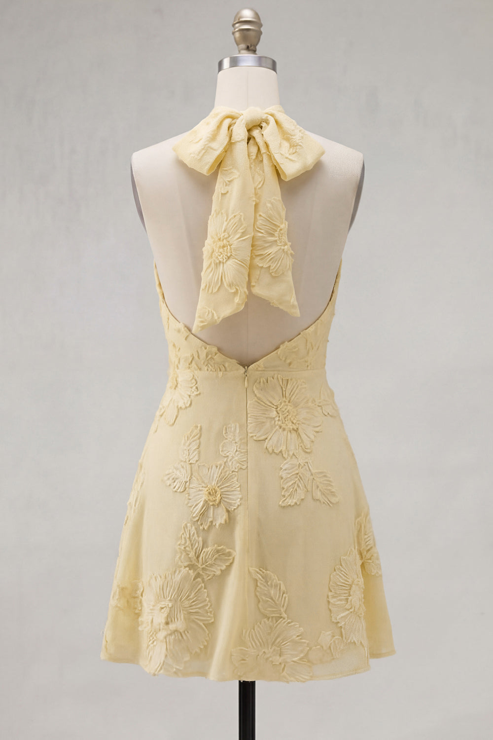 Yellow A-Line Halter Floral Short Birthday Dress with Bow
