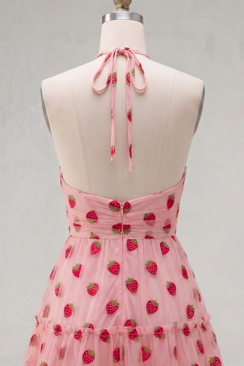 Pink Printed A-Line Halter Tulle Short Birthday Dress