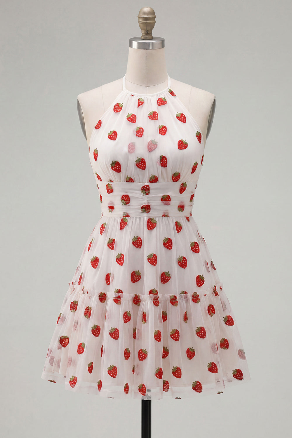 Pink Printed A-Line Halter Tulle Short Birthday Dress