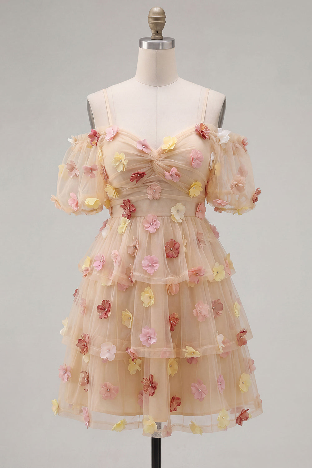 Champagne A-Line Puff Sleeves Short Birthday Dress with 3D Flowers