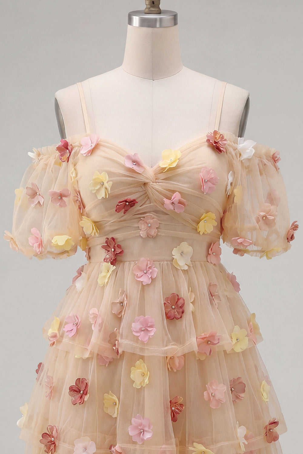 Champagne A-Line Puff Sleeves Short Birthday Dress with 3D Flowers