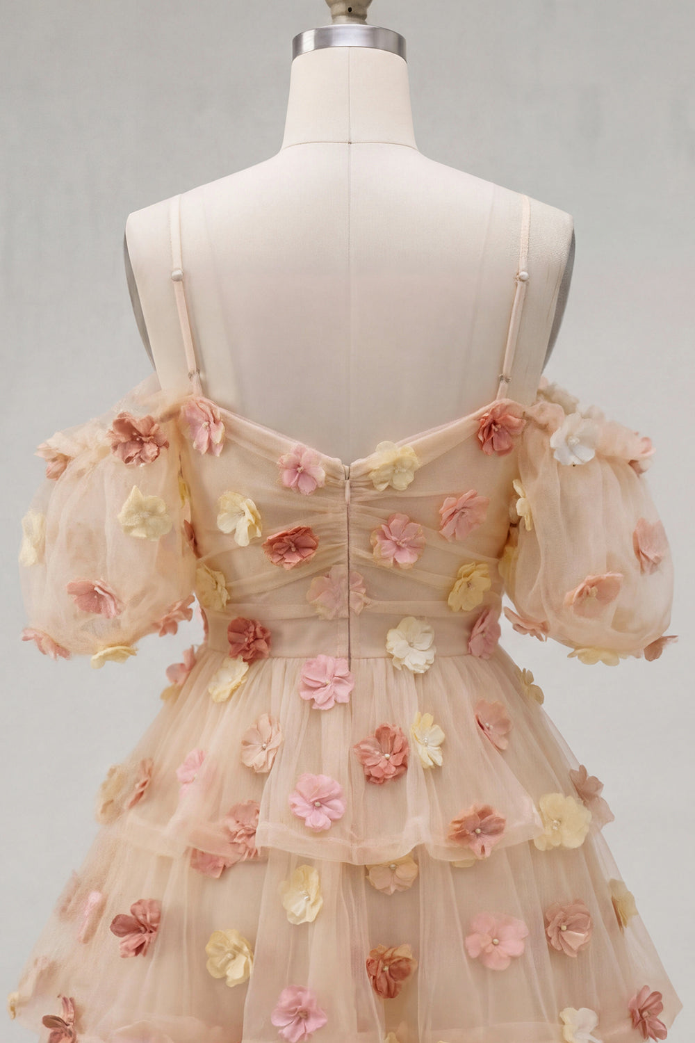 Champagne A-Line Puff Sleeves Short Birthday Dress with 3D Flowers
