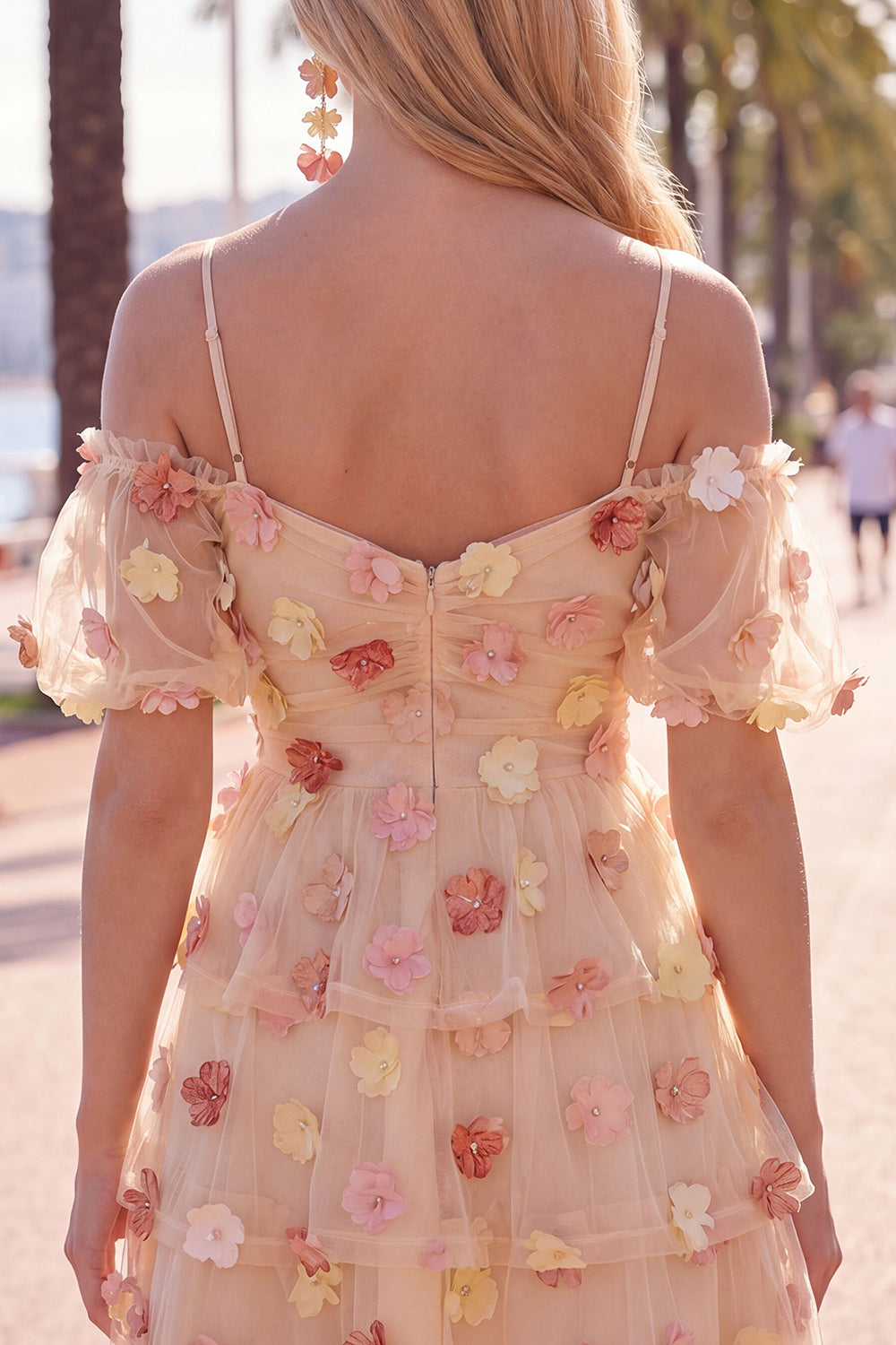 Champagne A-Line Puff Sleeves Short Birthday Dress with 3D Flowers