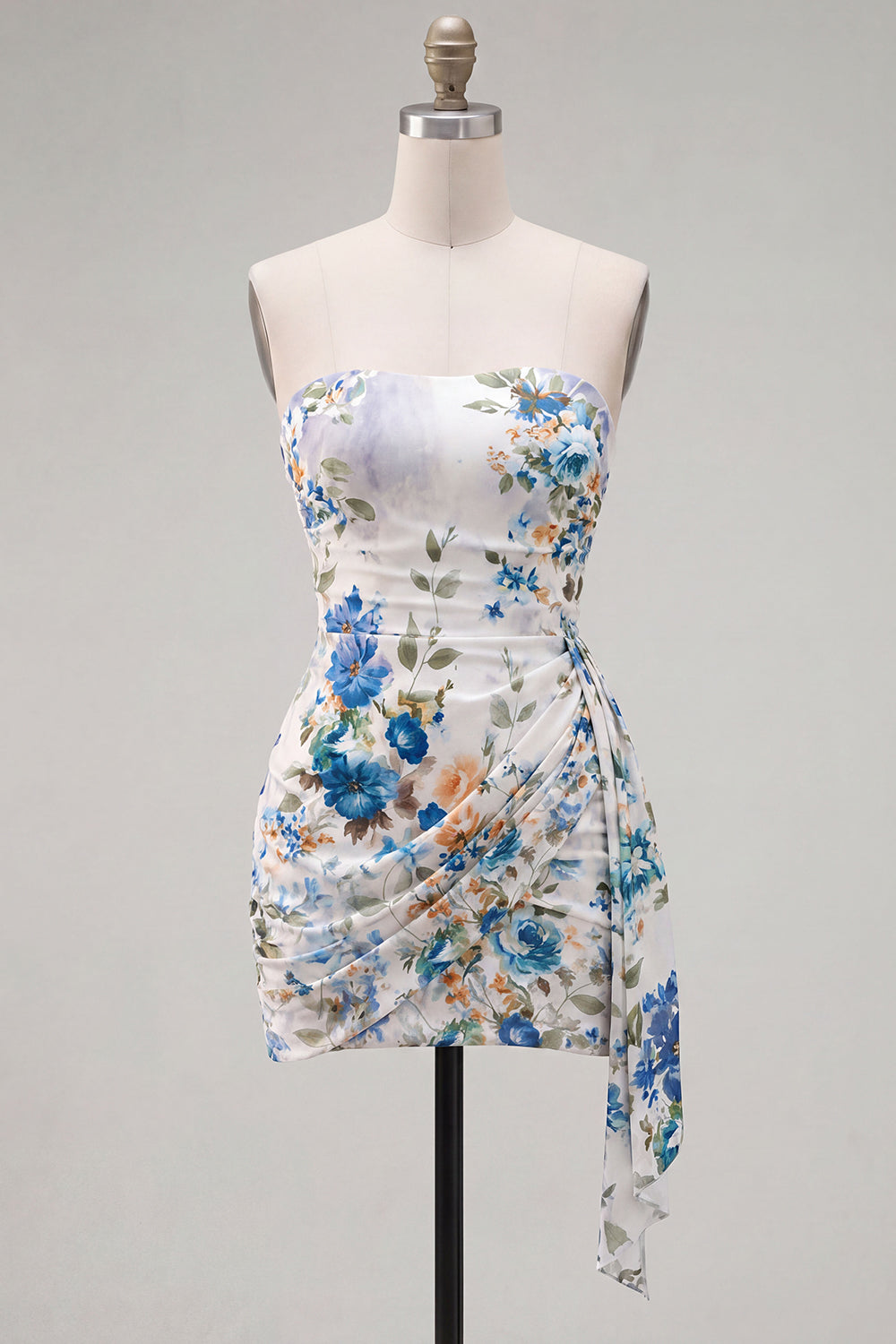 Ivory Blue Flower Ruched Strapless Short Birthday Dress with Sash
