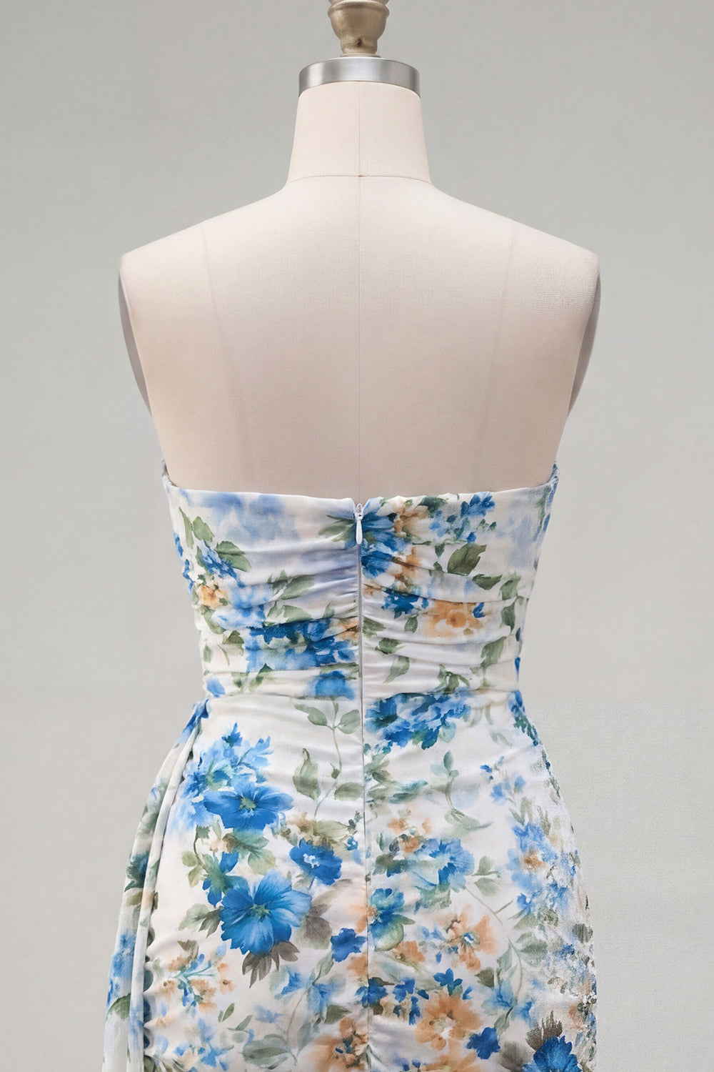 Ivory Blue Flower Ruched Strapless Short Birthday Dress with Sash