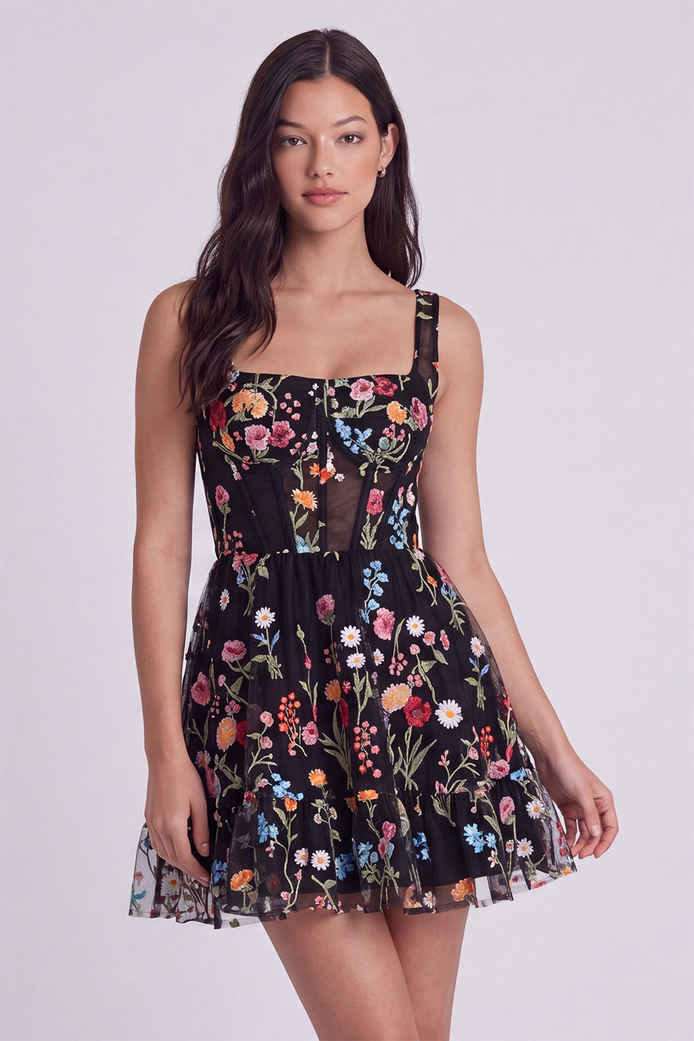 Black Floral Square Neck A Line Short Corset Birthday Dress