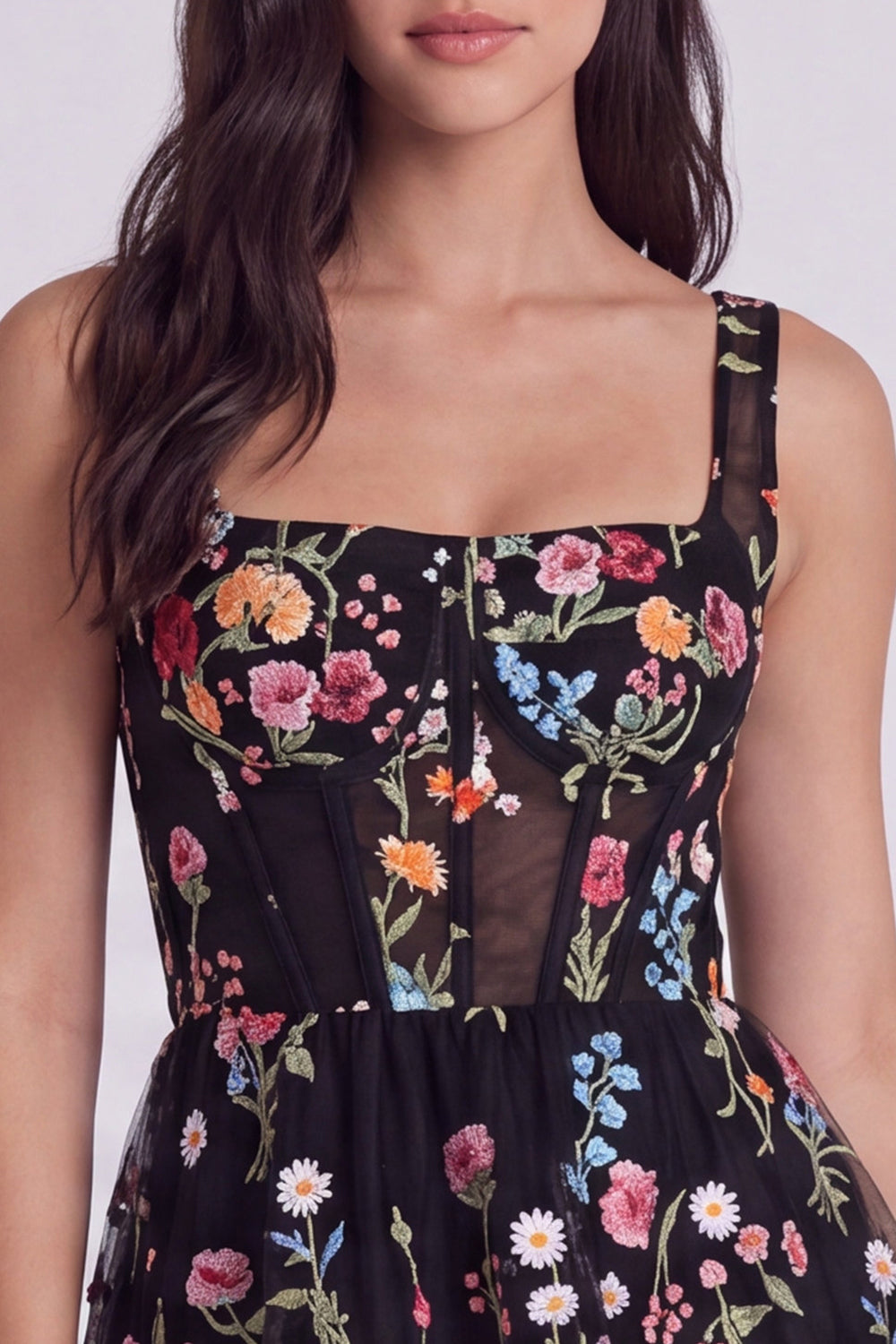 Black Floral Square Neck A Line Short Corset Birthday Dress
