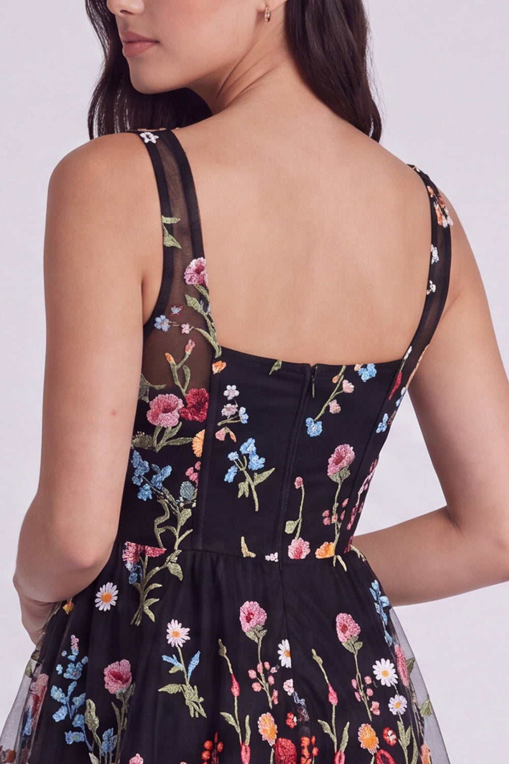 Black Floral Square Neck A Line Short Corset Birthday Dress