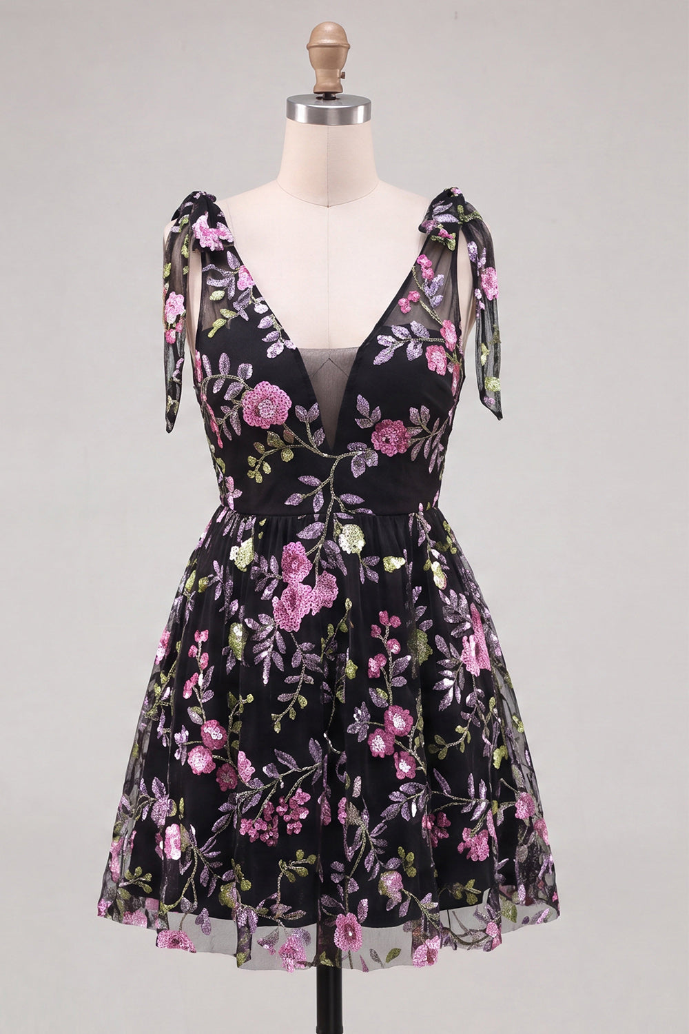 Sparkly Sequin Floral Black Short Homecoming Dress with Bows