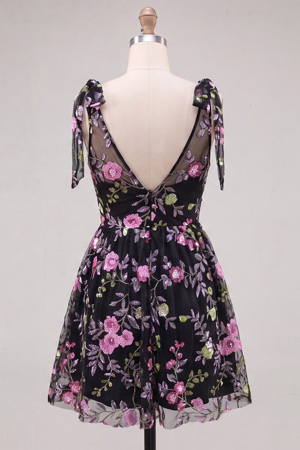 Sparkly Sequin Floral Black Short Homecoming Dress with Bows