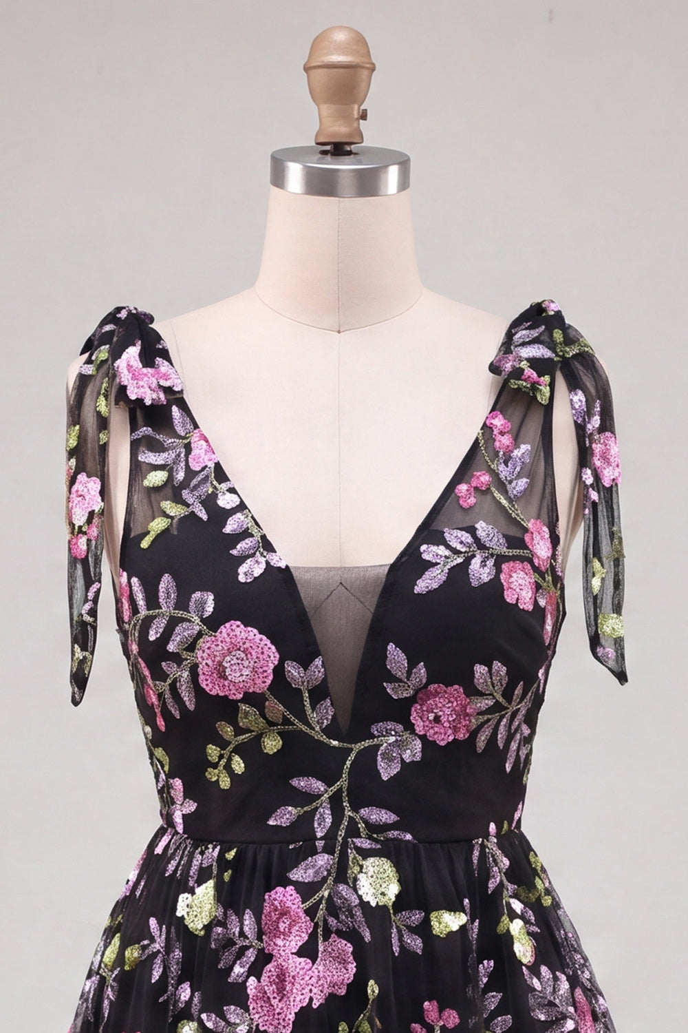 Sparkly Sequin Floral Black Short Homecoming Dress with Bows